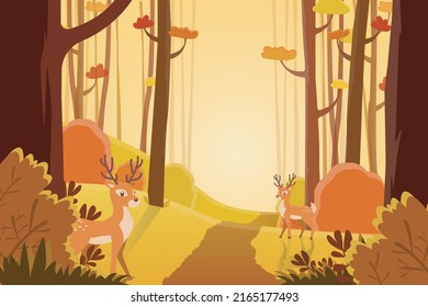 	
Landscape view of forest path in autumn. Orange, yellow bushes, road and trees. Two deer finding food among the bushes. Colorful atumn jungle in cartoon style. Flat vector illustration.