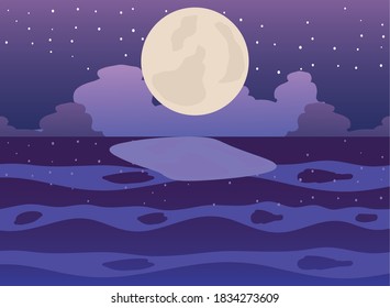 landscape view to full moon at the night on sea, reflection on the water vector illustration