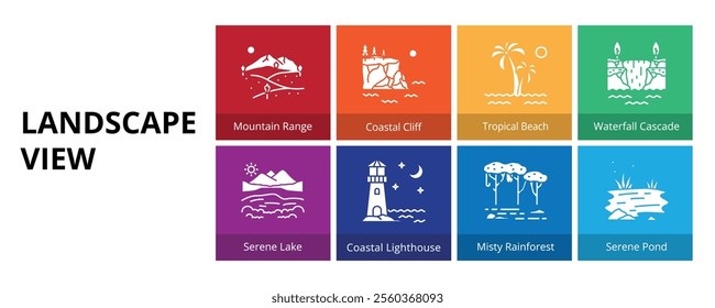 Landscape View Glyph Solid Banner Web Icon Set Vector Illustration