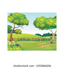 Landscape View With Grass Field Hill And Trees Cartoon