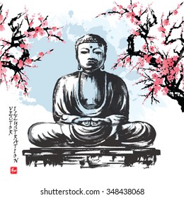 Landscape view of The Great Buddha Daibutsu in Japan with Oriental cherry branches. Hand-drawn sketch. Vector illustration.