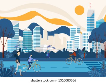 Landscape View Of The Green City With  People Ridding The Bicycle And Walking On The Footpath With Background Of The City Center With Park - In Minimal Modern Blue Color Style