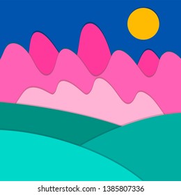 Landscape view of green fields, meadows, pink mountains, forest and sun. Country background in flat cartoon style with paper cut effect for card, poster, wallpaper, banner. EPS 10 vector illustration.