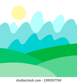 Landscape view of green fields, meadows, blue mountains, forest and sun. Country background in flat cartoon style for card, poster, wallpaper, banner. EPS 10 vector illustration.