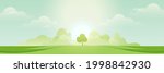 Landscape view of green meadows and mountains in sunny day.Flat panorama of spring summer beautiful nature forest scenic on horizon background.Vector illustration.
