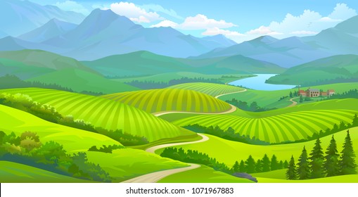 Landscape view of green meadows, mountains and a small town next to a river. 