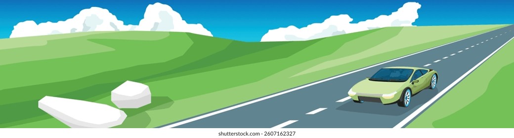 Landscape view of green sport car driving on asphalt road. Can view interior with driving man. Background of meadow and hills with rock. Fluffy white clouds dot a bright blue sky.