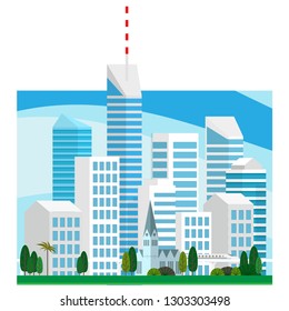 Landscape view of group of the tower buildings in the big city in light blue tone