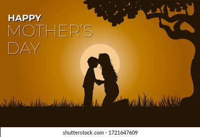 Landscape view of happy mother's day with sunset background image. Mother and child illustration template for backdrop, wallpaper, poster. Family love symbol. Eps 10.