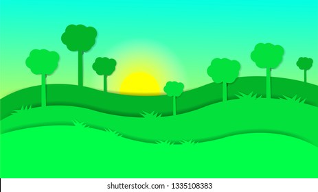 Landscape view of hill, tree and grass with sunrise background in paper art style design vector illustration - vector