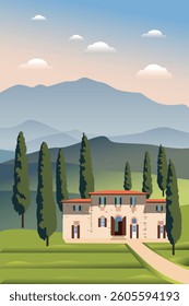 Landscape view of the hills of Tuscany. Flat design of a Tuscan villa with cypress trees