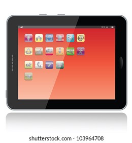 landscape view illustration of a tablet pc with apps icons on screen,isolated in white background.