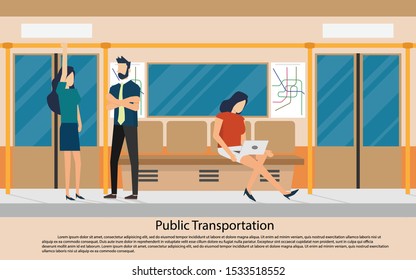 Landscape View Inside The Subway Train (underground) With People On Seat And A Man With Woman Chatting Together While In Subway-interior View Of The Subway Train In Orange Warm Tone