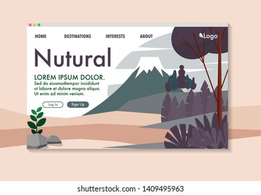 Landscape view of the isolated far away park with many trees and Fuji Mountain/Volcano in the website template style with copy space for text -Natural-