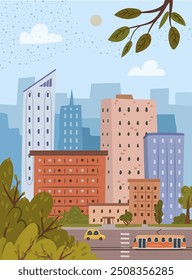 Landscape or view or large city with skyscrapers and business centers. Cityscape with apartment building blocks, roads and traffic transport. Vector illustration in flat cartoon style