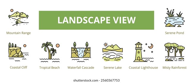 Landscape View Lineal Color Banner Web Icon Set Vector Illustration