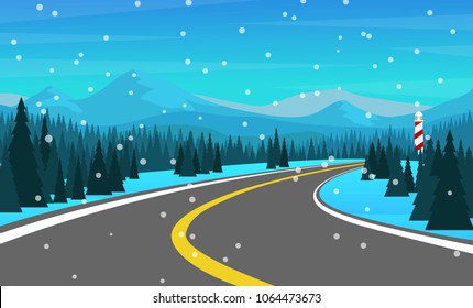 Landscape view of local road leads to the white snowy mountain range with pine tree forest in winter holiday surrounded with pine tree forest with lighthouse when it is snow