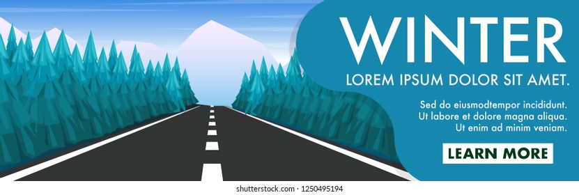 Landscape view of local road with pine tree forest on the both side with mountain hill in the background in Winter time with copy space for text
