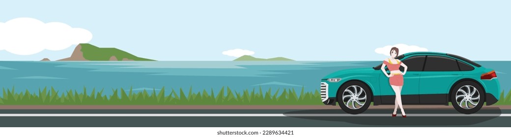 Landscape view of luxury car parking beside seabeach. Woman standing beside road for post action for travel. Vector or illustrator for banner background.