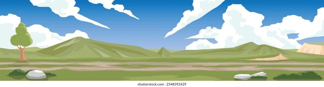 Vista de paisaje de pradera para el Anuncio. Camino de tierra cerca del prado con colinas verdes bajo cielo despejado. Con solo un árbol. Espacio para texto Vector plano.