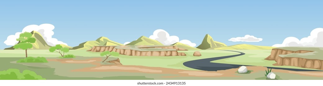 Vista del paisaje de prado con montañas y nubes bajo cielo despejado. ruta de la carretera sin señalizar se curva hacia atrás y adelante a través de las llanuras. Ilustración vectorial en estilo de dibujos animados.