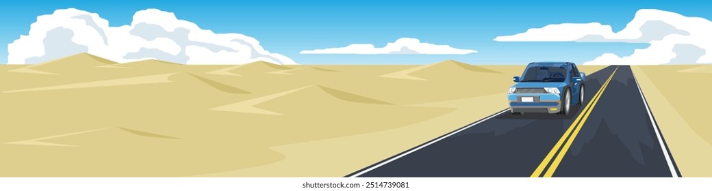 Landscape view of mini car driving on asphalt road. Can view inside car with driving man. high and low slopes of the vast desert under blue sky and white clouds. Background for banner.