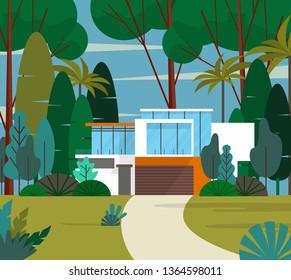 Landscape view of the modern house on the green yard surrounding with many tree in cool tone