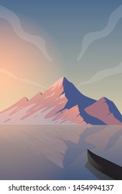 Landscape view of the mountain high peak range in summer season in the morning sunrise or sunset time with reflection on the lake water surface