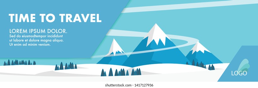 Landscape view of the mountain hill among the field of snowy in winter day time in website banner style with copy space for text- Time to travel