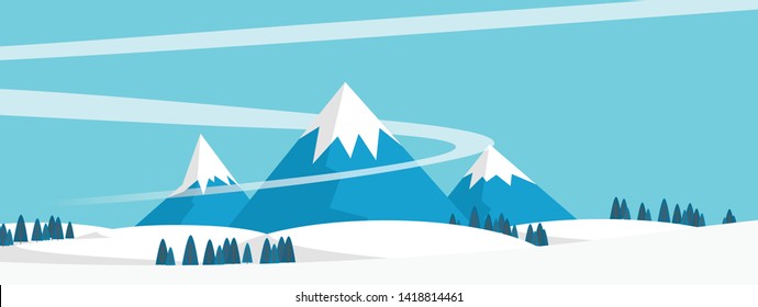 Landscape View Of The Mountain Hill Among The Field Of Snowy In Winter Day Time 