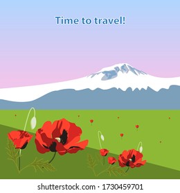 Landscape view of the mountain hill, field, meadow with beautiful flowers poppy. Dawn time. Time to travel concept. Background for posters, banners, leaflets and covers design