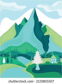 Landscape with a view of the mountain and the house. Flat design. Vector illustration.