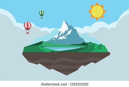 Landscape view of mountain island with lagoon in the air surrounding with big cloud and the sun and hot air balloon