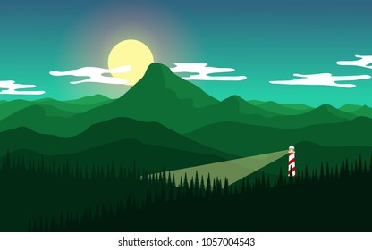 Landscape view of mountain range with high summit mountain in night time with full moon, pine forest,lighthouse -light beam and some cloud in the sky for wallpaper,background,backdrop or advertising