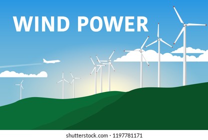 Landscape view of mountain range with many windmills in the wind farm on the mountain in summer sunshine with clear blue sky day with text wind power in the sky