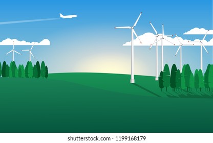 Landscape view of mountain range with many windmills in the wind farm on the mountain in summer sunshine with clear blue sky day 
