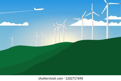Landscape view of mountain range with many windmills in the wind farm on the mountain in summer sunshine with clear blue sky day 