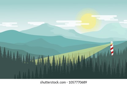 Landscape view of mountain range with pine tree forest in foreground,lighthouse,the full moon,and cloud in the night time in green tone color for background,wallpaper,backdrop,advertising 
