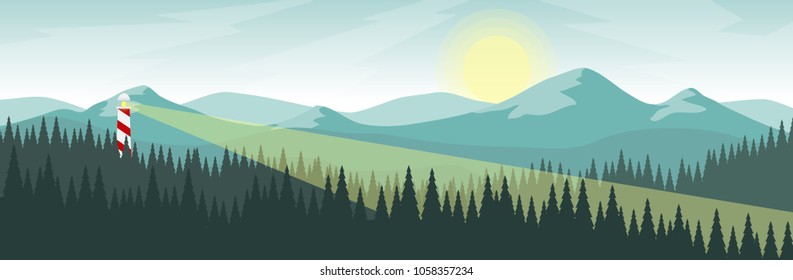 Landscape view of mountain range with pine tree forest in foreground in the night time in green relaxing cool tone color for background,wallpaper,backdrop,advertising ,banner