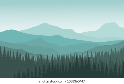 Landscape view of mountain range with pine tree forest in foreground in the night time in green relaxing cool tone color for background,wallpaper,backdrop,advertising 