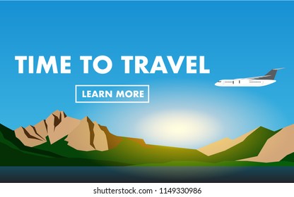 Landscape View Of The Mountain Range With Sun Is Rising,flying Airplane(plane) And Text 