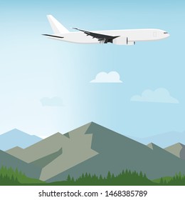 Landscape view of mountains, forest and flying airplane. Summer and spring landscape, background. White airplane flying in the blue sky with clouds.