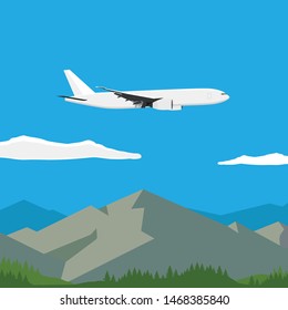 Landscape view of mountains, forest and flying airplane. Summer and spring landscape, background. White airplane flying in the blue sky with clouds.