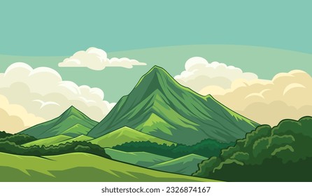 Landscape View of Mountains, Green Meadows and Clouds. Vector