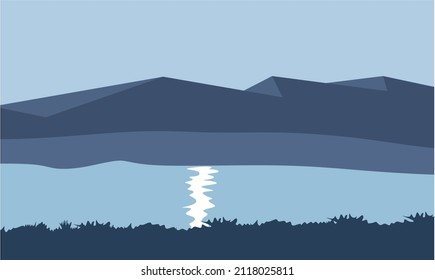 Landscape view of mountains, lake and clear sky. Design for poster, banner. Concept of outdoor activities and adventure. Vector illustration