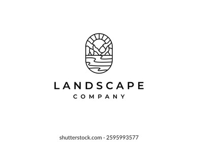 landscape view of mountains with river lake below in sunlight in oval shape design style logo icon vector illustration line art monoline outline