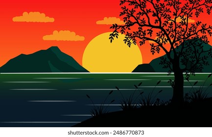 landscape view of mountains and sea with sunset and tree silhouettes