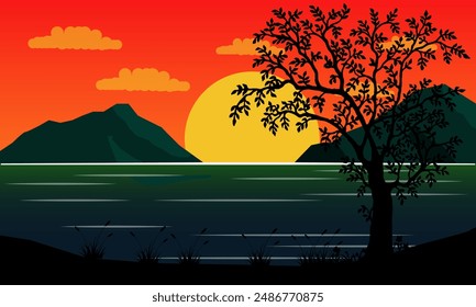 landscape view of mountains and sea with sunset and tree silhouettes