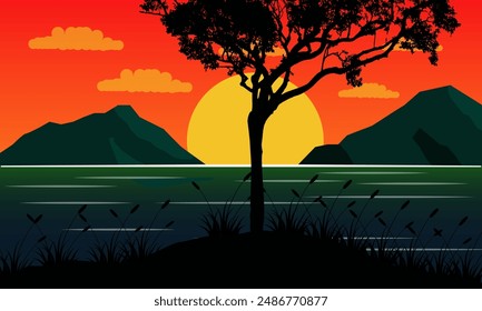 landscape view of mountains and sea with sunset and tree silhouettes
