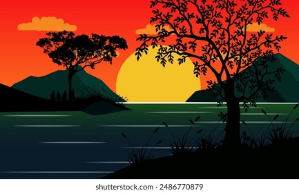 landscape view of mountains and sea with sunset and tree silhouettes